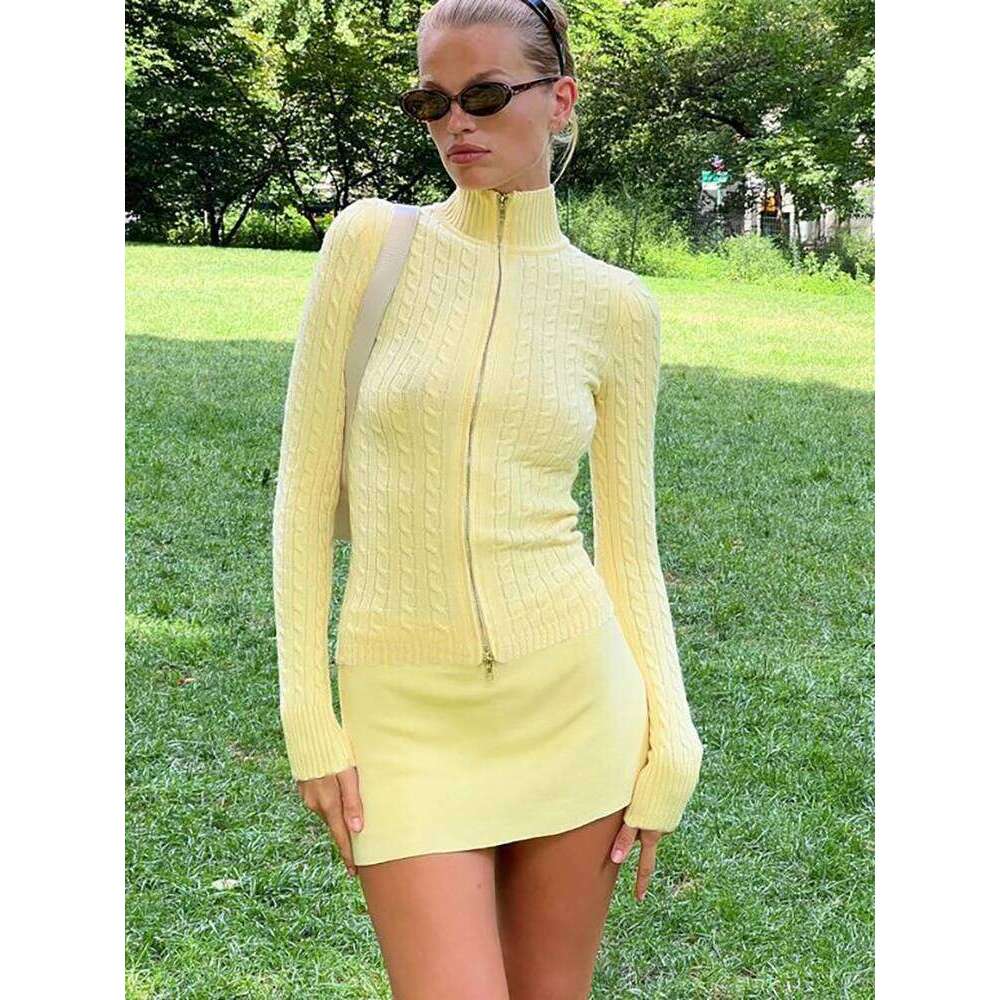 Fantoye Knitted Turtleneck Zipper Cardigans Women Yellow Long Sleeve Warm Sweater Female Autumn Solid Casual Streetwear MDNG