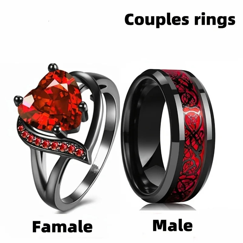 Charm Couple Rings For Men Stainless Steel Celtic Dragon Ring Heart Red Zircon Women Wedding Set Valentines Day Jewelry 250716