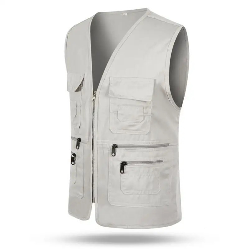 Vest Men Casual Sleeveless Cargo Jacket Multi Pocket Waistcoat Fashion Outdoor Solid Color Zipper Vests Mens Clothing 250707