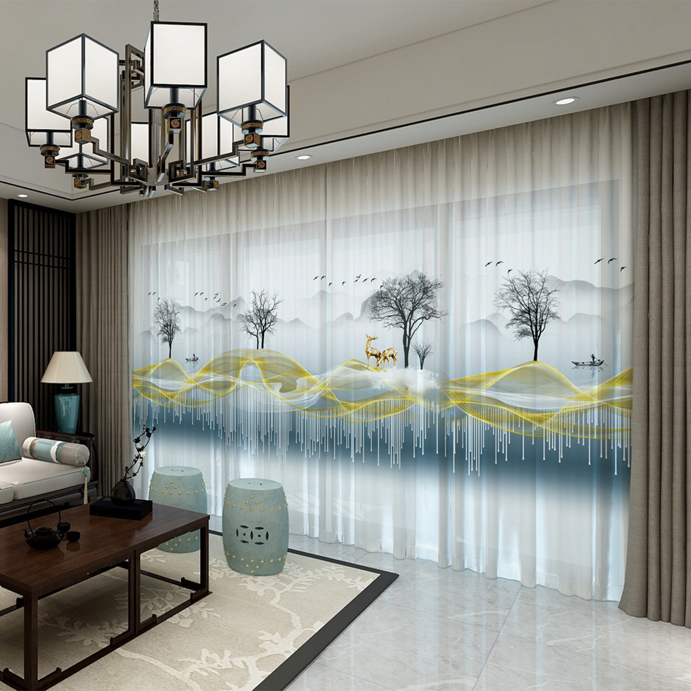 YL-36635 New Chinese style landscape painting all-match chiffon window screen living room bedroom tea house temple light-transmitting and non-transmit