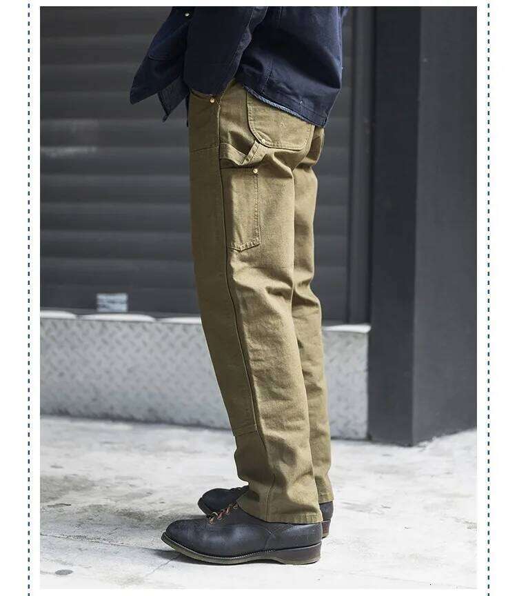 QT Old Era Double Knee Reinforced Canvas Overalls Double Knees American Retro Straight Thick Casual Pants