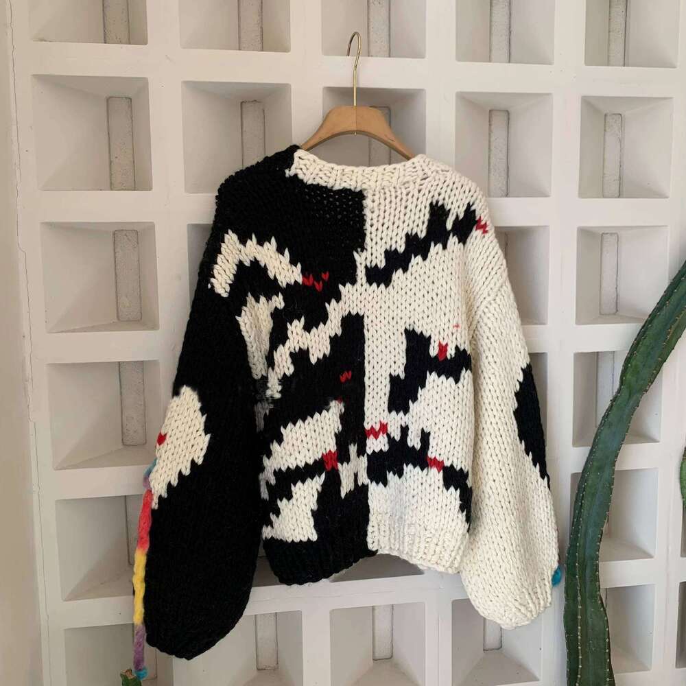 Designer Clothing Women Multi Color Tassels Chunky Cardigan 2024 Autumn Winter Handmade Sweater Jumper Outwear Niche Design Fashion