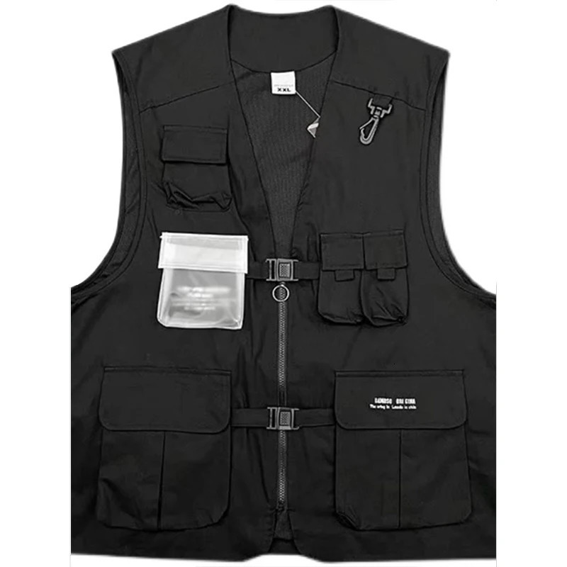 Sleeveless Vest Men Summer Korean Casual Loose Solid MultiPockets Tops Fashion Versatile Black Handsome Workwear Coat 250707