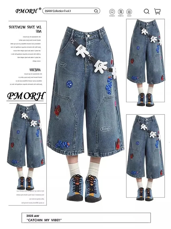 Summer Vintage Washed Style Embroidered Street Y2K Bermuda Jeans Knee Length Denim Jorts Casual Shorts Cropped Trousers 250717