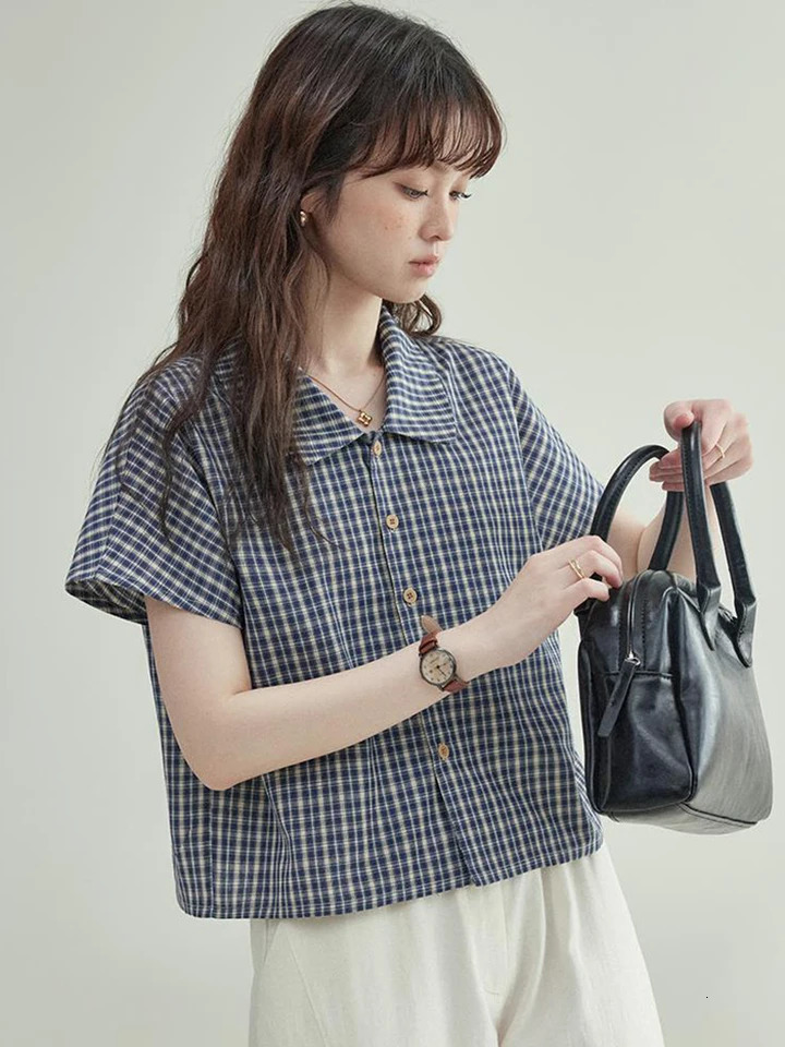 Zoki Women Vintage Plaid Shirt Casual Loose Summer Short Sleeve Blouse American Preppy Style Female Simple Retro Buttons Tops 250717