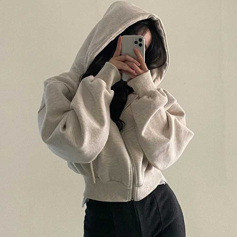 Korean Hood Shirt Women Fashion Fleece Lined Loose Hoodies Zipper Long Sleeve Crop Tops Harajuku Female Jackets Coats Sweatshirt Z250719