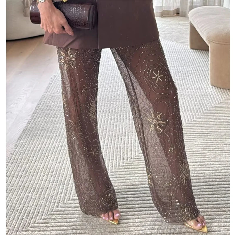 MUJER Sequin Baggy Pants Woman Beads Wide Leg for Women See Through Casual Pant Streetwear Fashion Trousers 250714