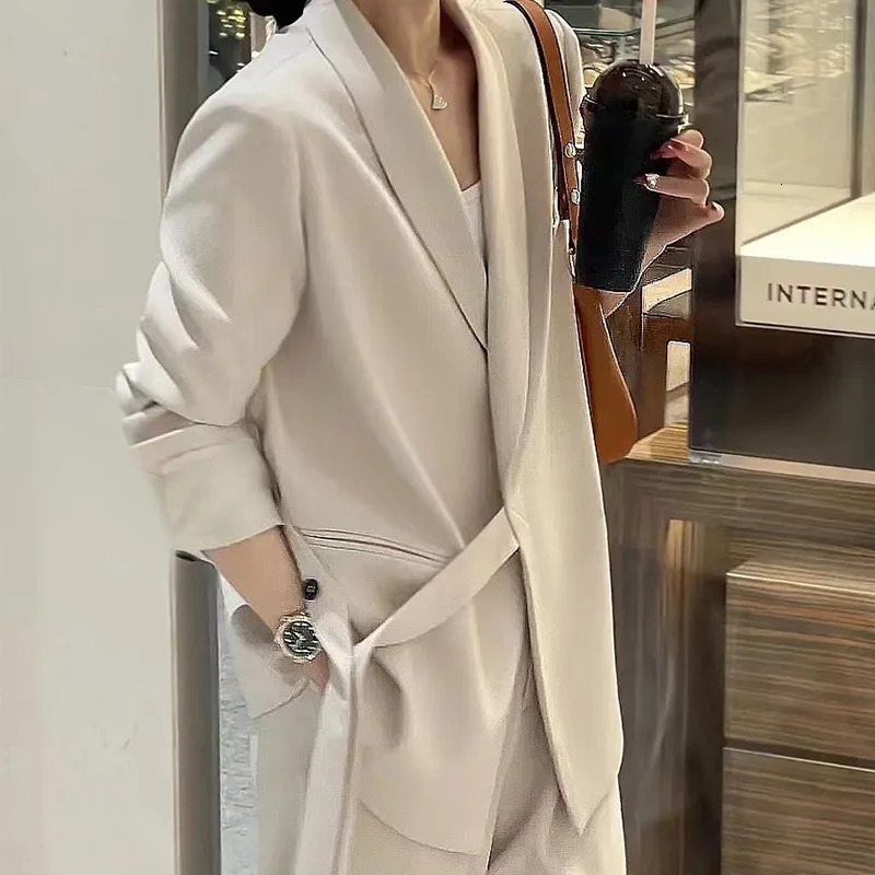 Spring Women Suit Jacket High Waist Wide Leg Long Pants Solid Two-Piece Set Spring and Autumn womens suit set 250715