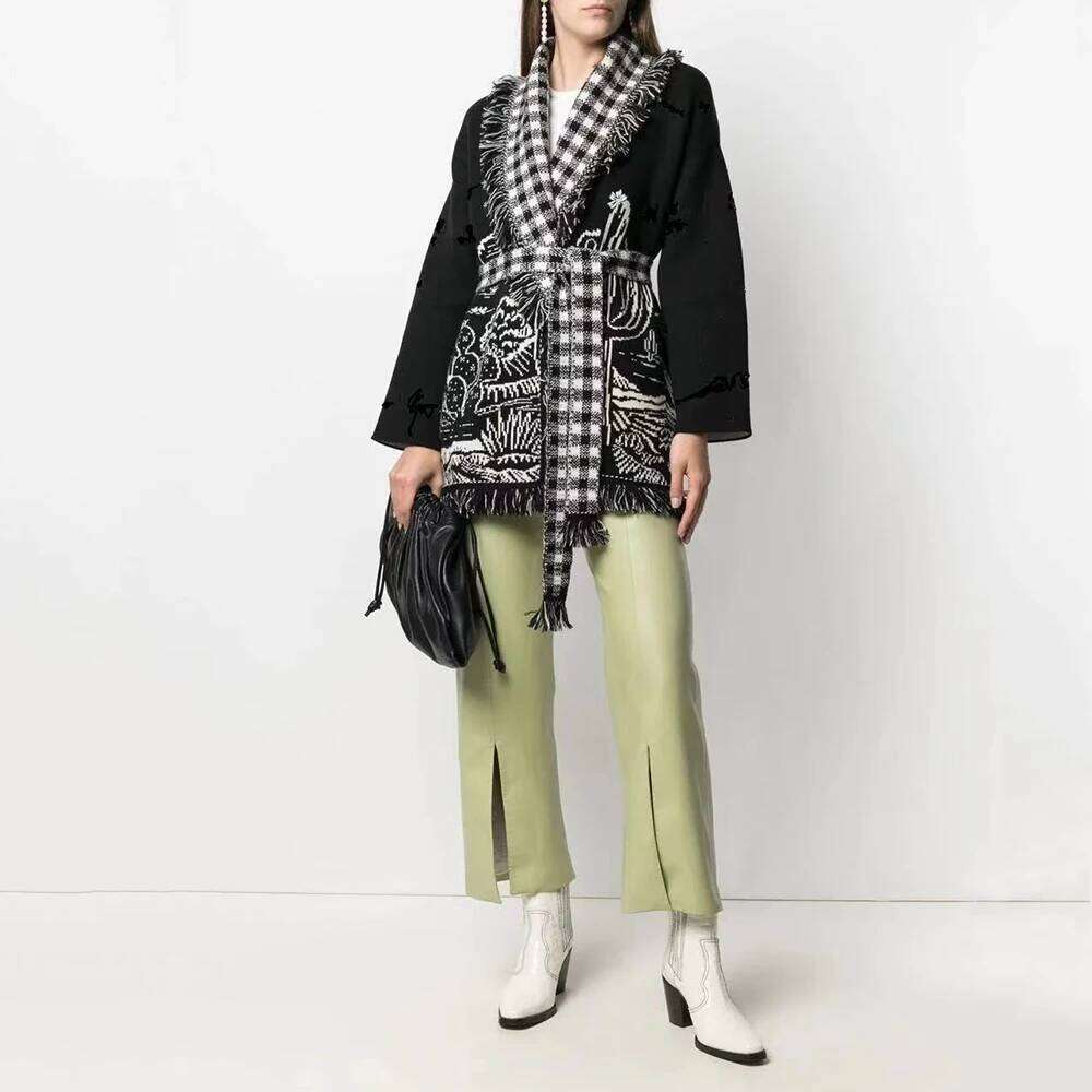 Designer Clothing Luxyonuo Women's Wool Blend Sweater Fashion Tassel Doodle Jacquard Knitted Coat High Quality Loose Full Sleeve Knit Cardigan Ne