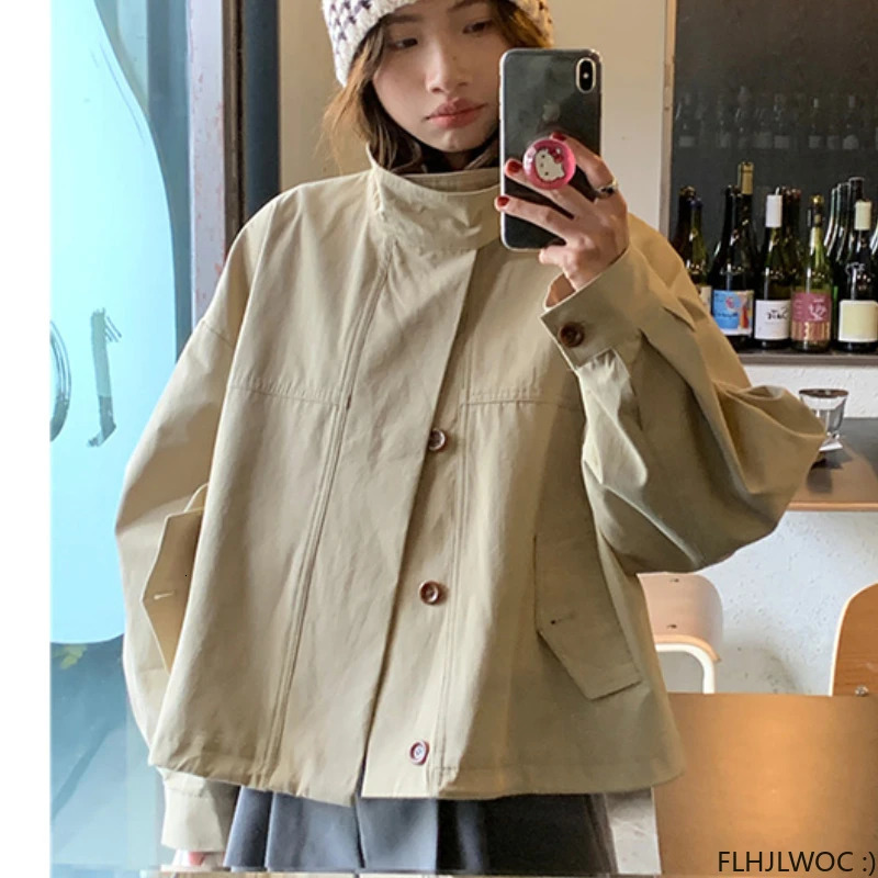 Korea Short Outerwear Woman Casual Loose Lazy Chic Long Sleeve Cotton Blends Windbreaker Coats Thin Thench 250716