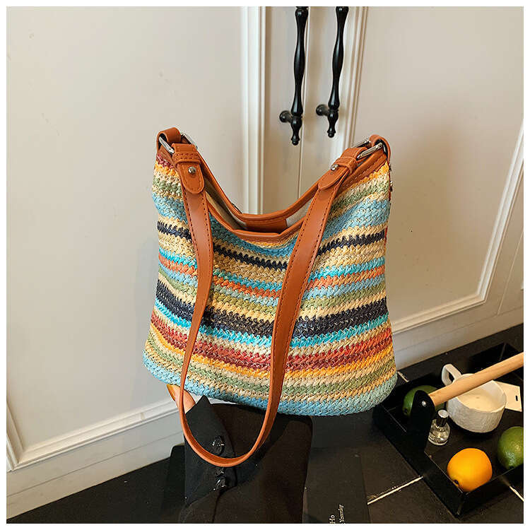 Rainbow Striped Straw Fashion Single Shoulder 2025 Summer New Women's Crossbody Handheld Woven Bucket Bag