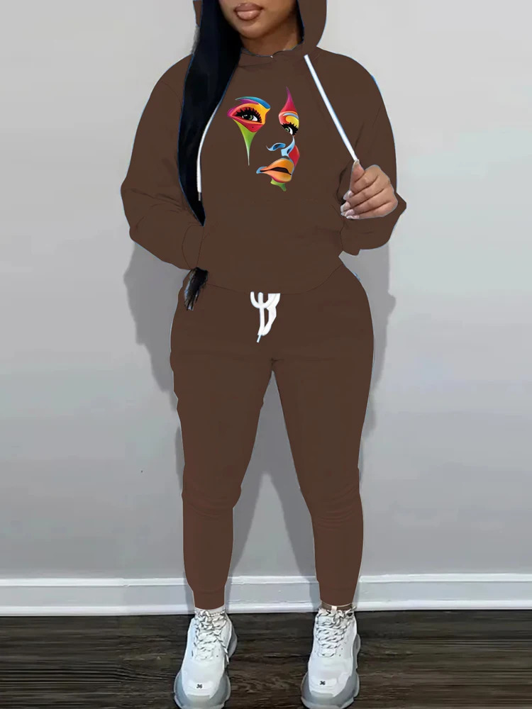 plus Size Womens Hooded Long Sleeve Letter Patterned Casual Suit Loose Fit Pants Set XL-5XL Autumn Winter Collection 250714