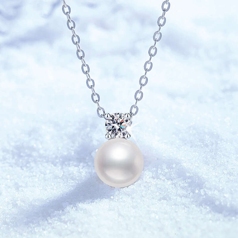 S Pure Sier Natural Freshwater Pearl Strong Luster Round Simple Elegant 30 Points Moissanite Necklace a14