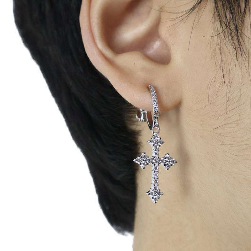 Micro Pave Full Zirconia Rhombus Cross Non-Pierced Ear Clip Men's Studs Women's Drop Earrings Trendy