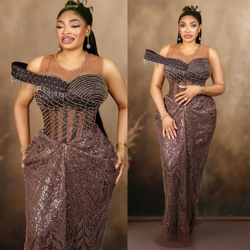 2025 African Borwn Aso Ebi Prom Dress Mermaid Prom Dresess Evening Formal Gown Sheer Neck Beaded Lace Crystals Birthday Second Reception Gowns For Bla