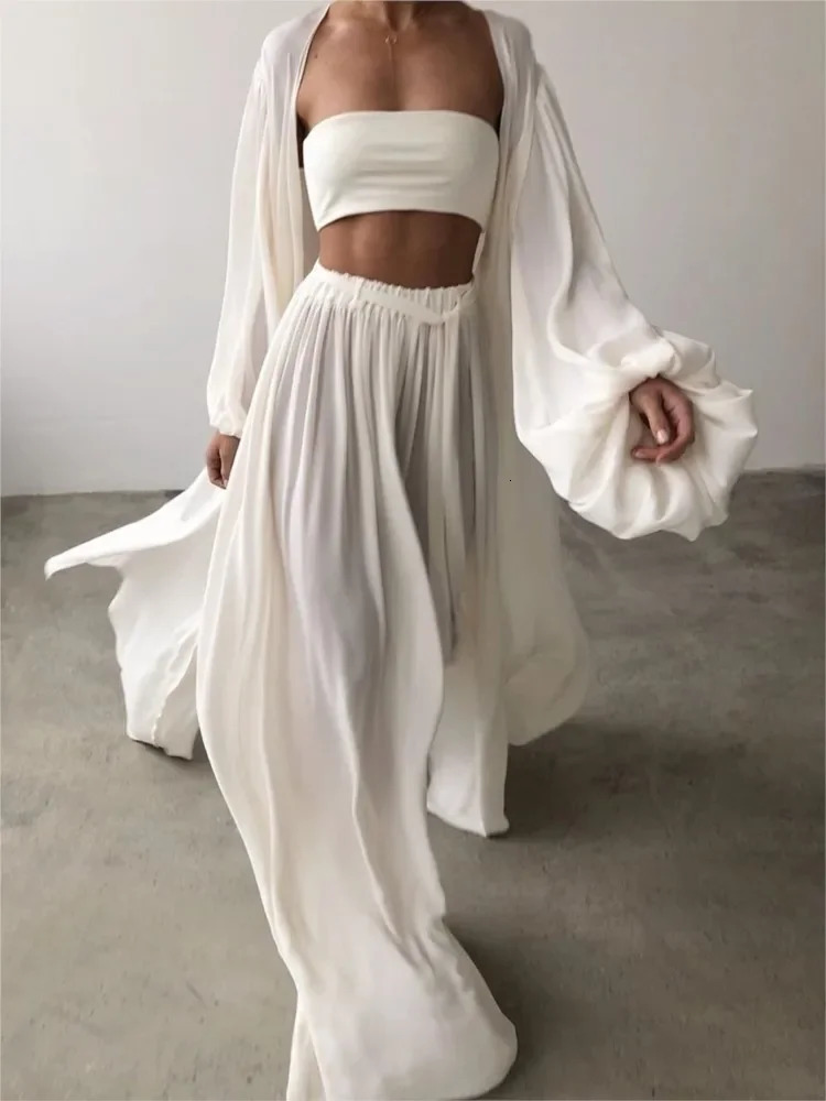 Spring Women Leisure Set Solid Chiffon Shirt Wide Leg Pants Three-piece Set Elegant Women Pants Set Office Lady Clothing 250715