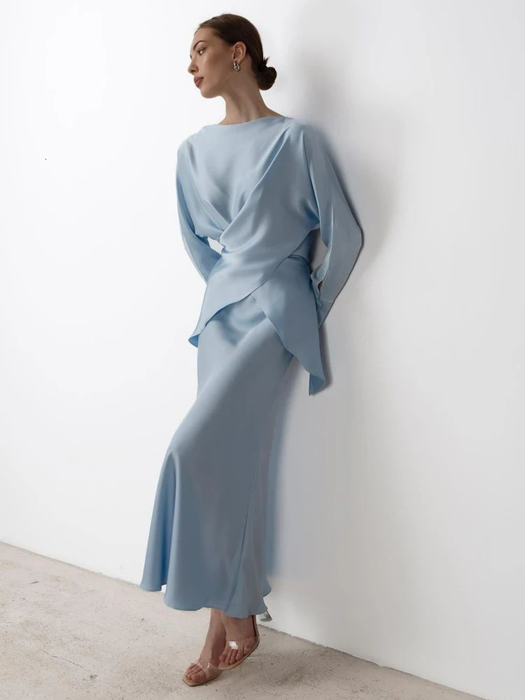 Spring Elegant Satins Outfit Women Long Sleeved Lace Up TopHigh Waist Loose Straight Bust Skirt Autumn Female Two Piece Set 250715