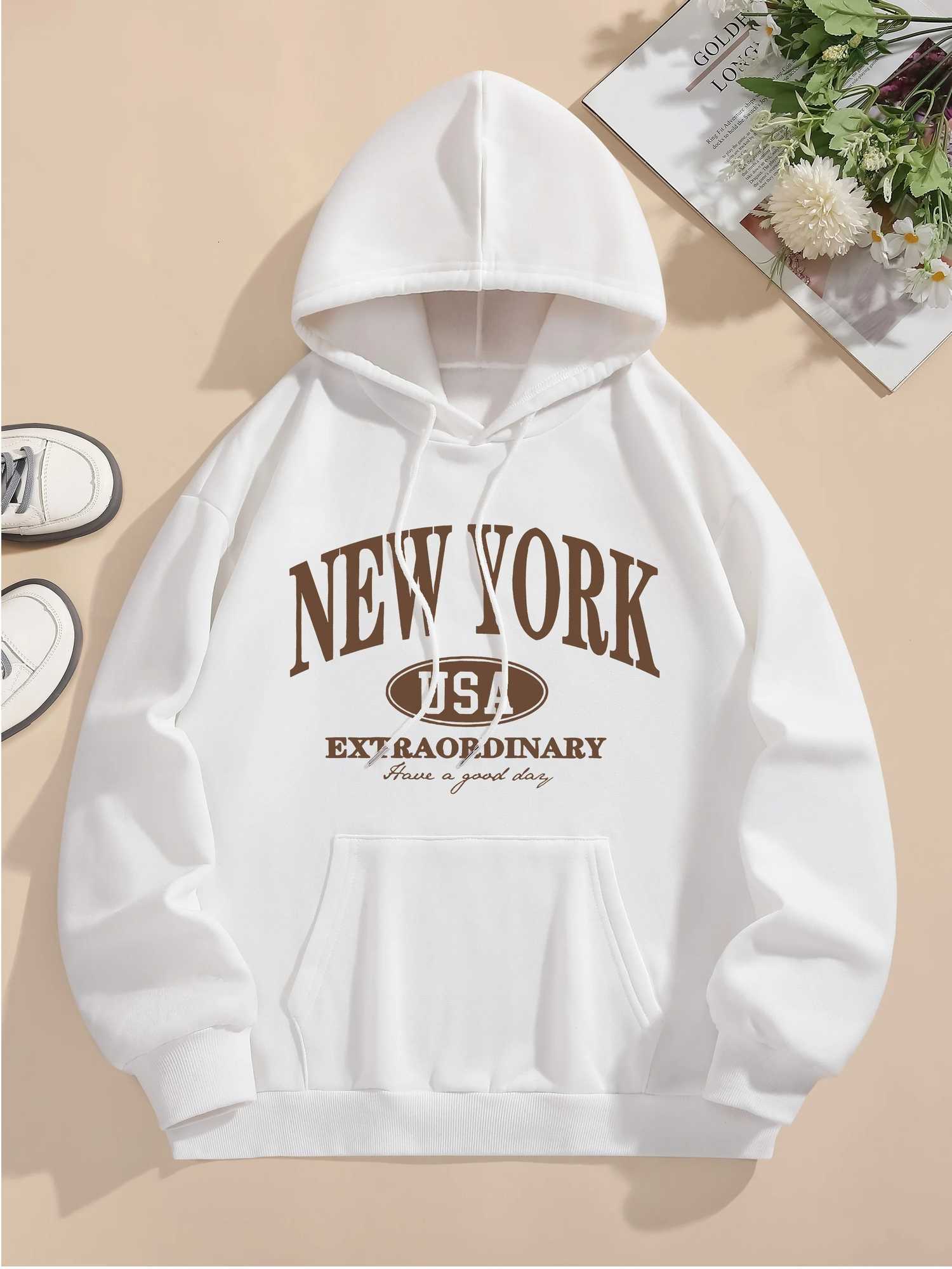 Letter Print Hoodie Drawstring Long Sleeve Casual Hooded Sweatshirt For Winter Fall Womens Clothing Z250719