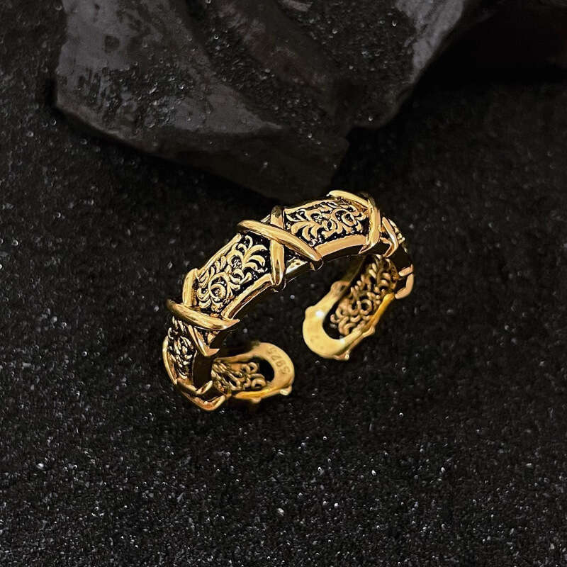 Unique Heavy Craft Antique Gold Color Tang Grass Pattern Cross for Women Fashionable Light Luxury Vintage Versatile High-end Index Finger Ring