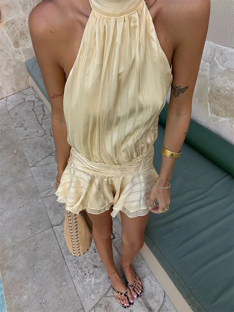 Halter Ruffle Mini Dres Sexy Sleeveless Backless Lace Up Party Dresses 2025 Summer Beach Fashion Vacation Lady Short Robe 250717