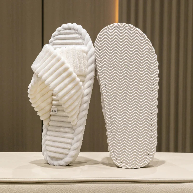 Fashion Corduroy Cross band Open Toe Home Slippers Women Autumn Winter Warm Plush Slides ladies Bedroom Soft Sole Slippers 250716