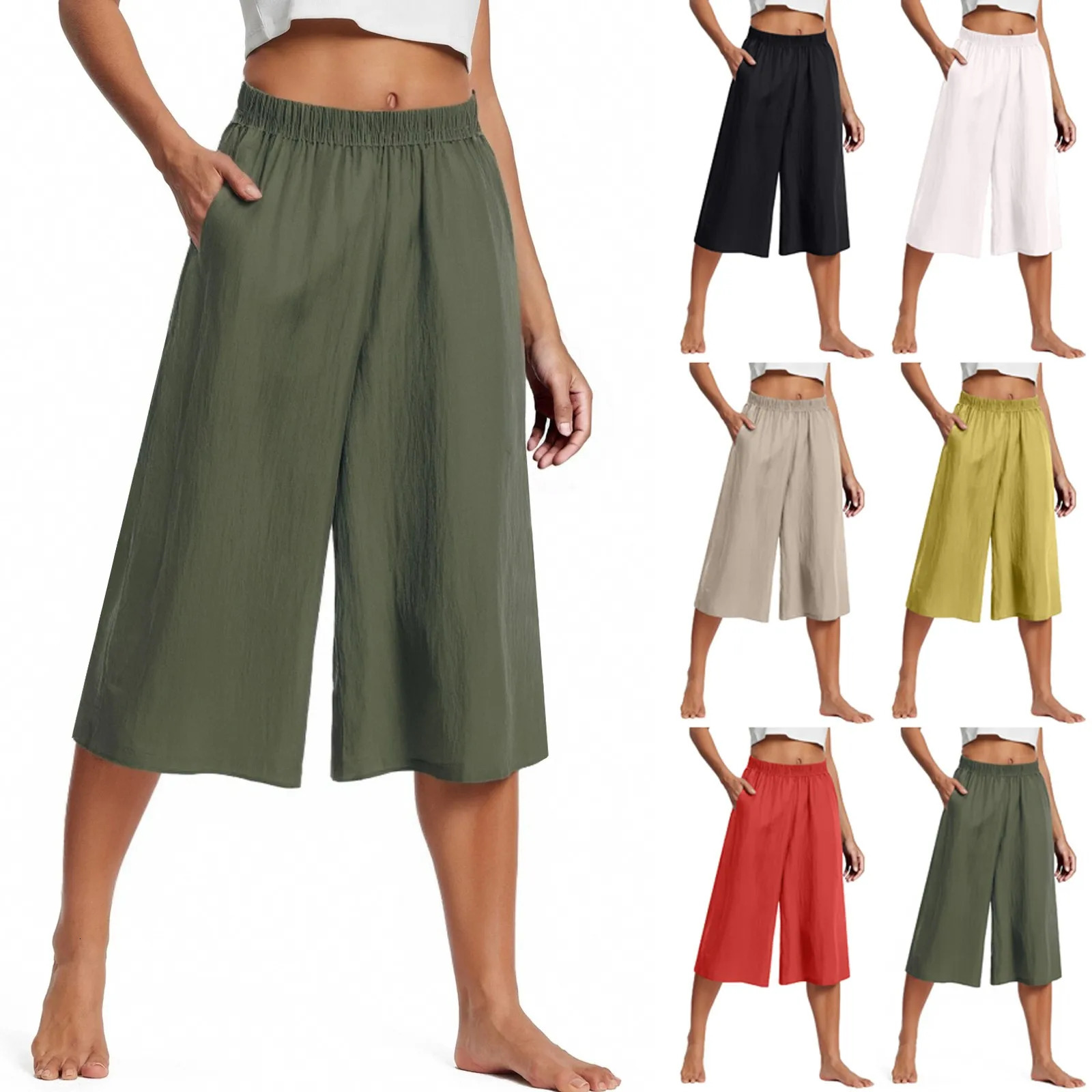 Feamle Casual and Versatile Lazy Style Wide Leg Pants With Pockets Lightweight High Waisted Loose Cropped s 250714