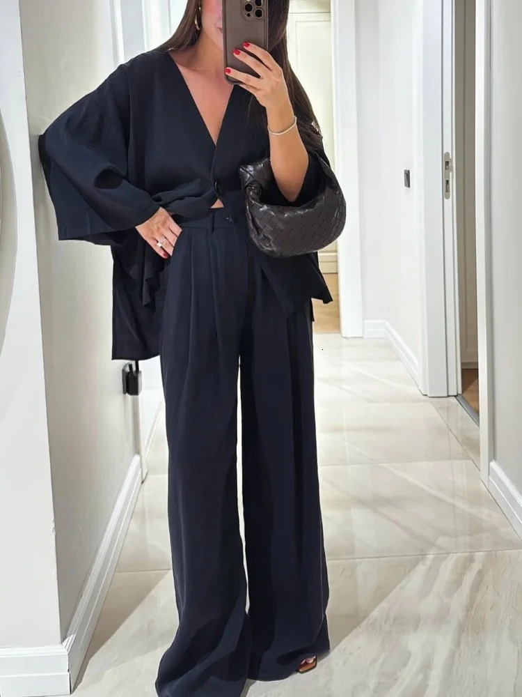 Loose Solid Cotton Linen Pants Sets Casual Buttons Half Sleeve V-neck Shirts Suits 2025 Female High Street Outfits Summer 250715