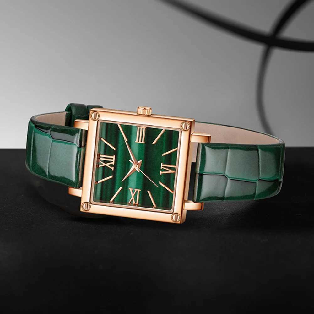 9PCS Green Womens Watch Set Fashion Trend Simple Rectangular Dial Quartz Watch Bracelet Necklace Earrings Set Perfect Gift W250718