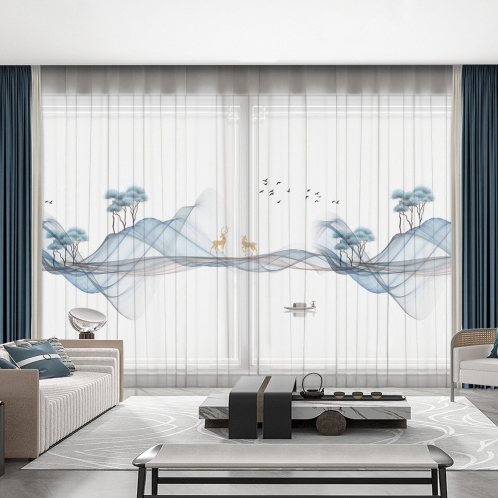 YL-36636 New Chinese style landscape painting all-match chiffon window screen living room bedroom tea house temple light-transmitting and non-transmit