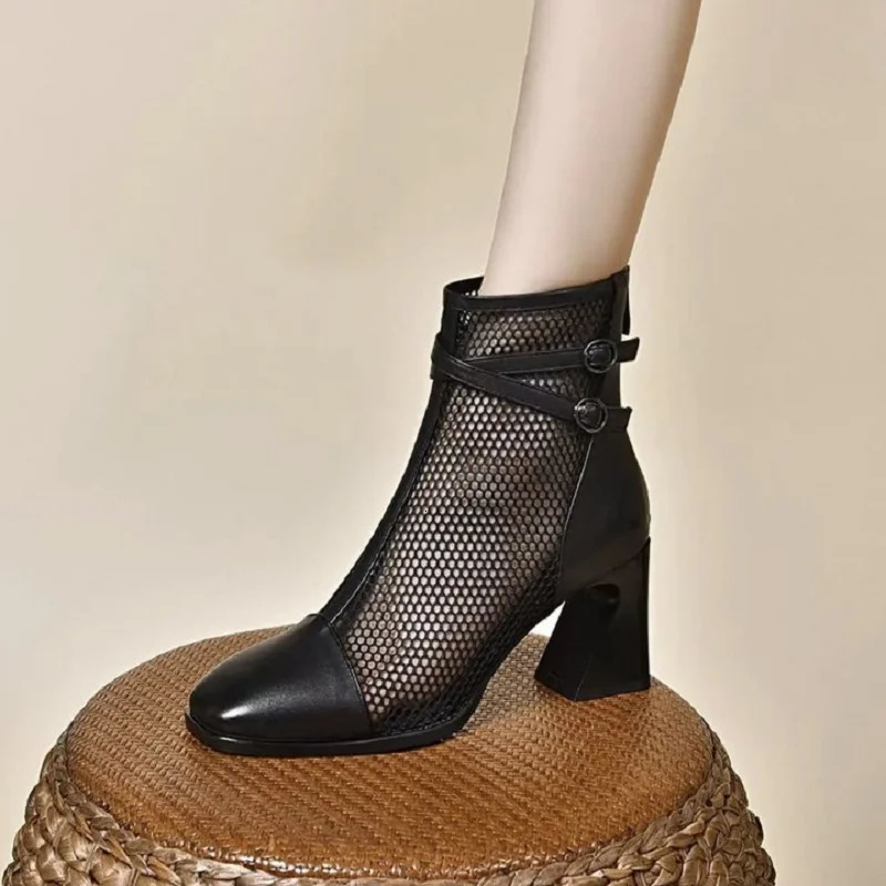 2025 Summer Must-HaveFashion Womens Hollow-out Mesh Short Boots - Patent Leather Pointed Toe Chunky Heel Breathable Shoes 250714