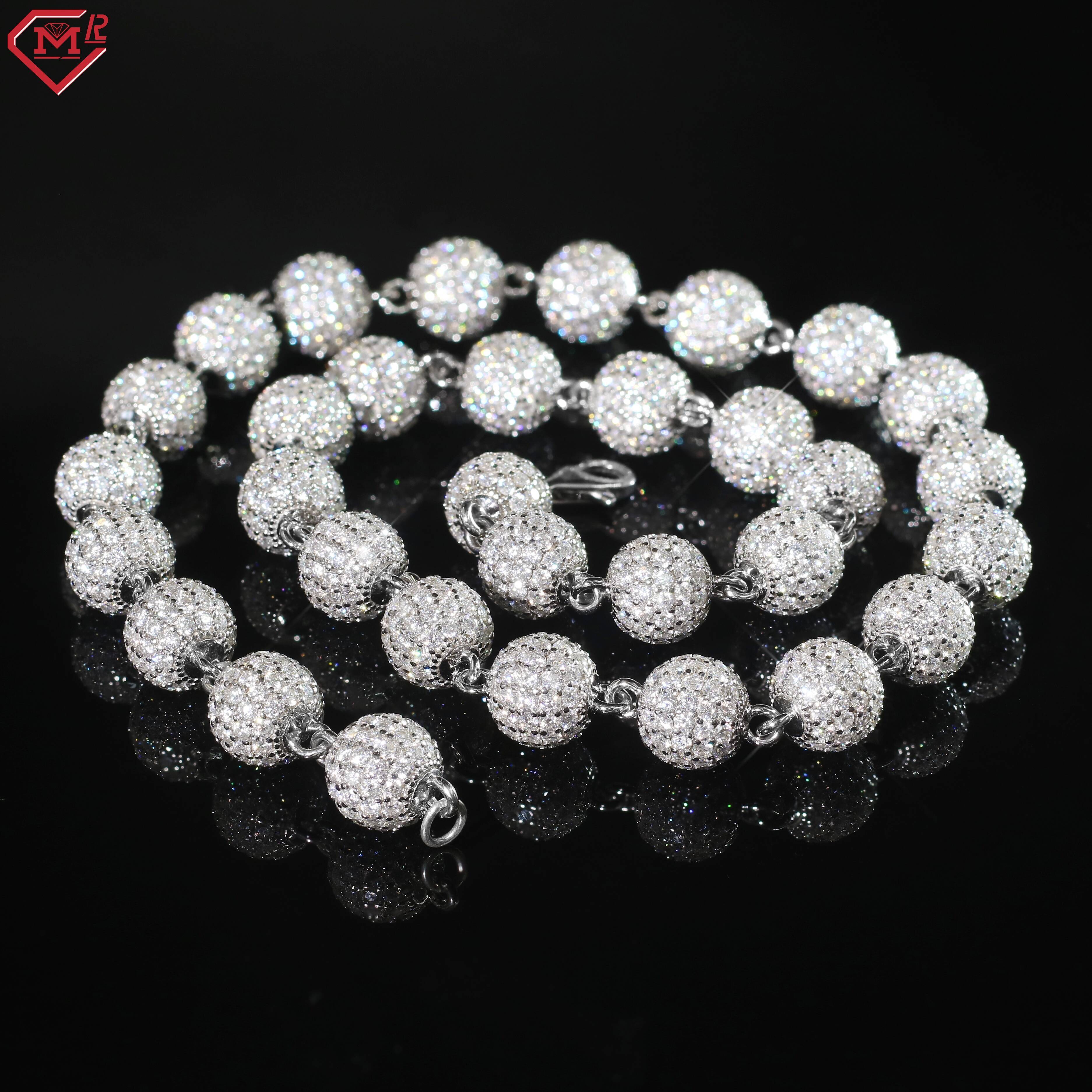 Iced Out Hip Hop Moissanite Chain 8mm 10mm Bead Chain 925 Sterling Silver Moissanite Ball Chain