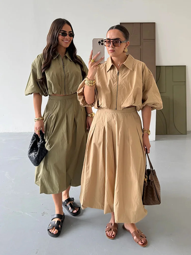 Summer Womens Yellow Lapel Half Sleeve Zipper Short Jacket Pleated Skirt Sets Casual Puff Midi Matching Lady Suits 250717