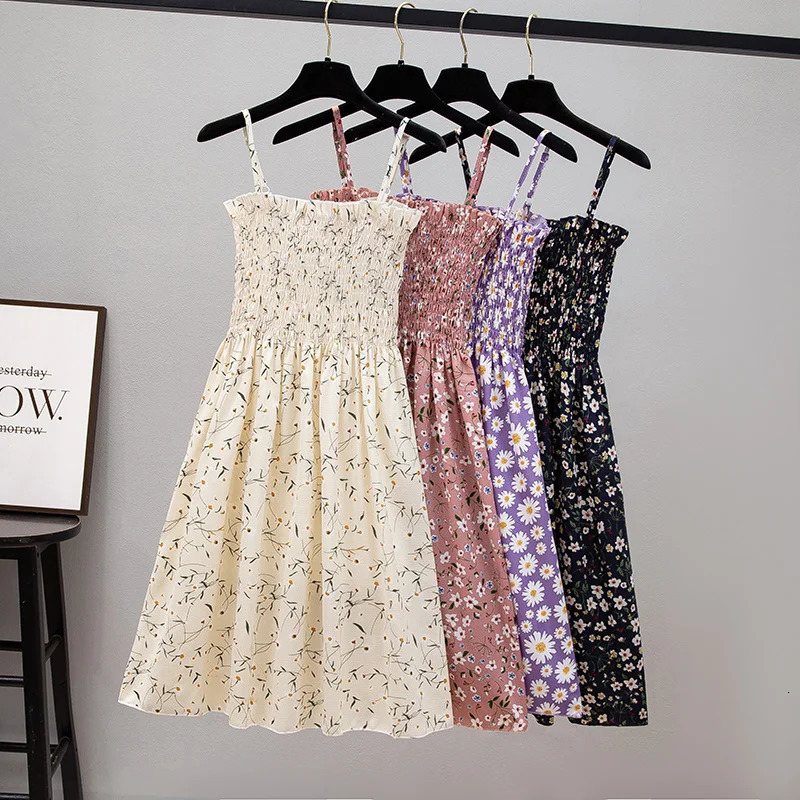 Summer Mini Dresses Fashion Female Elastic High Waist Casual Spaghetti Strap Sleeveless Dres Chiffon Vestidos 250717