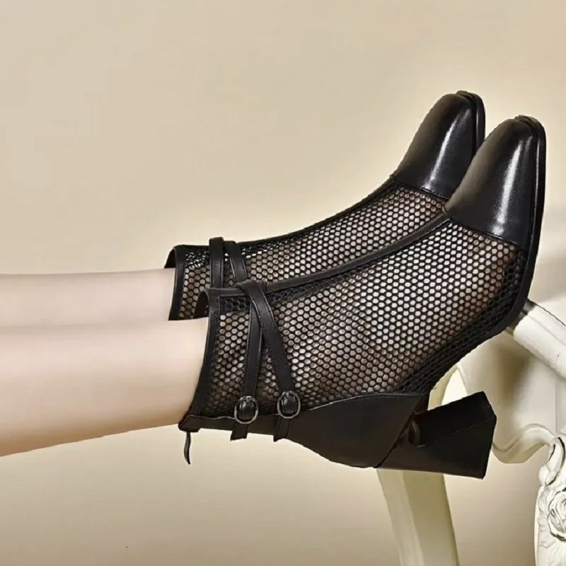 2025 Summer Must-HaveFashion Womens Hollow-out Mesh Short Boots - Patent Leather Pointed Toe Chunky Heel Breathable Shoes 250714