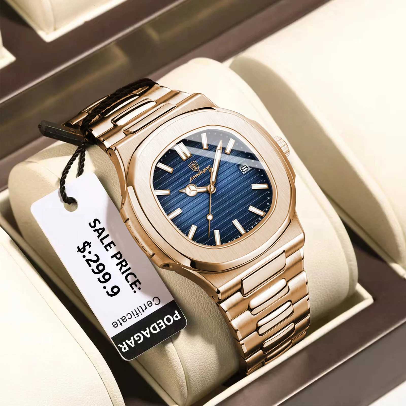POEDAGAR Fashion Business Mens Watch Waterproof Luminous Date Stainless Steel Mens Quartz Watch Luxury Square Mens Watches Reloj W250718