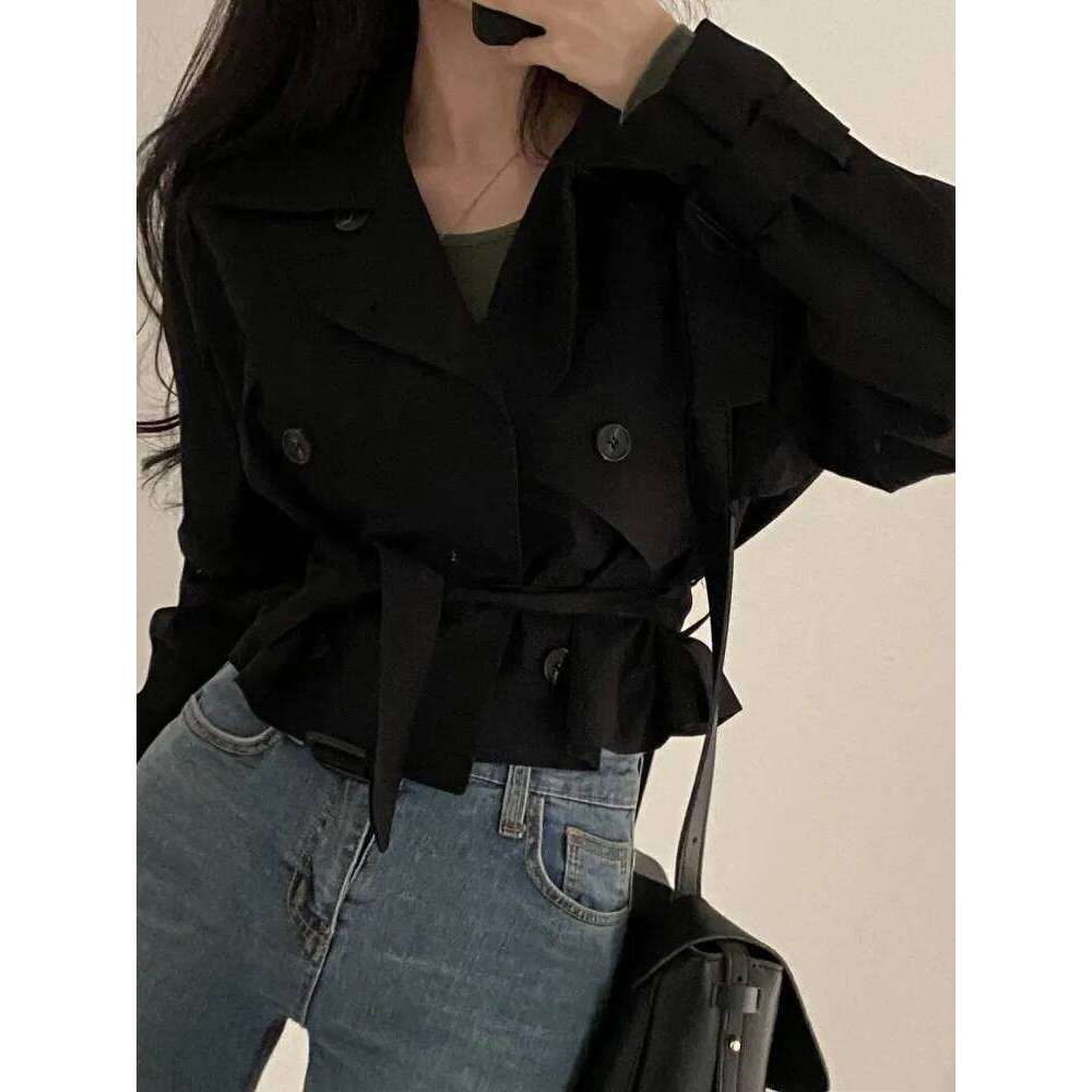 2colors Korean Women Autumn Trench Coats Short Jacket Casual Female Lace Up Coat Tops womens (hf1903)