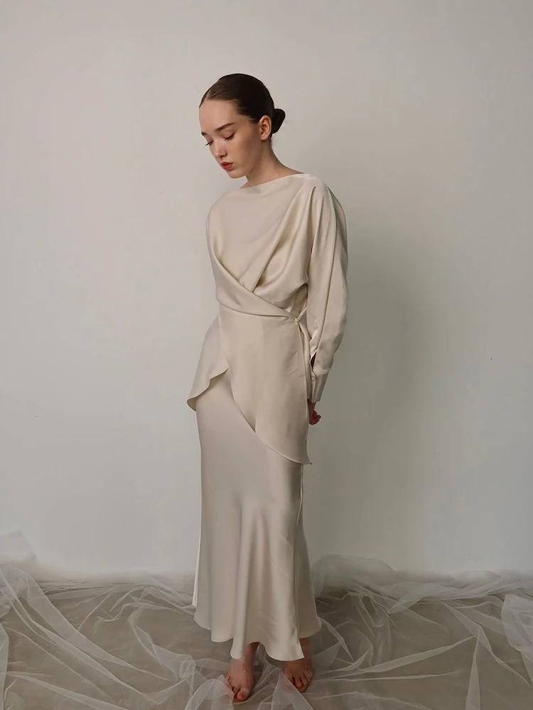 Spring Elegant Satins Outfit Women Long Sleeved Lace Up TopHigh Waist Loose Straight Bust Skirt Autumn Female Two Piece Set 250715