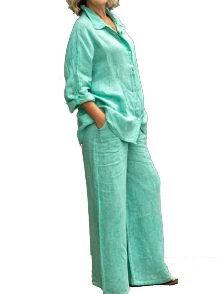 Linen Lapel Two Pieces Set Autumn Vintage Solid Color Long Sleeve Button Shirt Blouse Womens Casual Loose Straight Pants Suits 250714