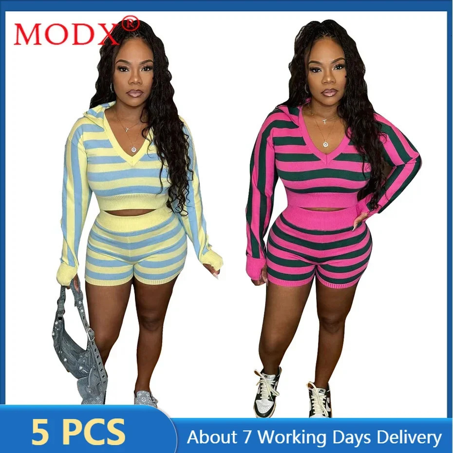5sets Bulk Items Wholesale Lots Two Piece Set Womens Outfits Summer Knitted Striped Long Sleeve Hooded Tops Shorts M15179 250714