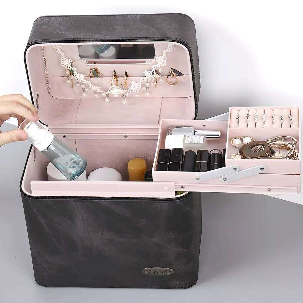 Large Capacity Cosmetic Pu Leather Waterproof Make-Up Case Lipstick Jewelry Organize Storage Multifunctional Box With Mirror
