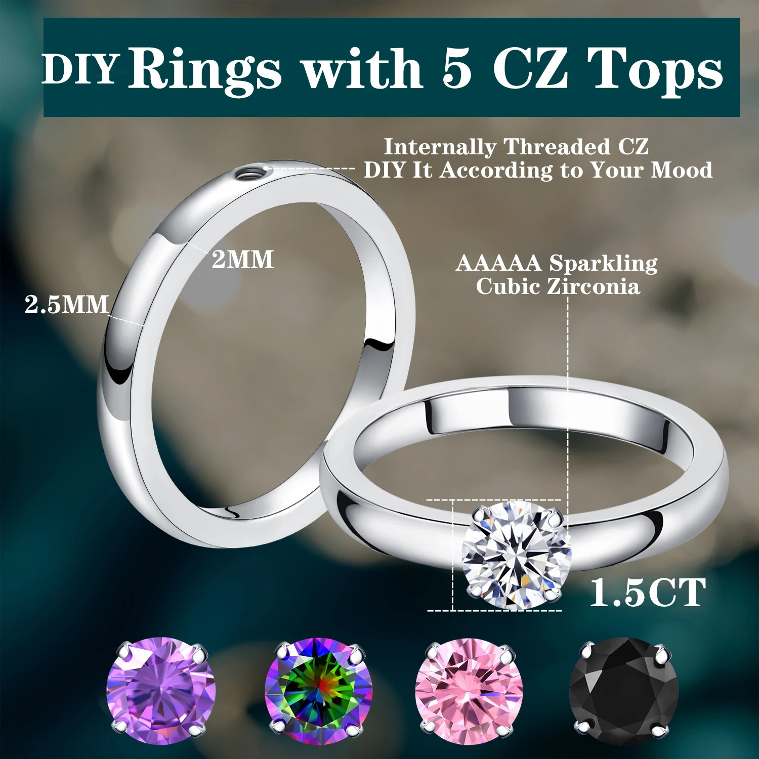 DIY 1.5 CT Solitaire Engagement Rings Wedding Bands Interchangeable Stainless Steel Round Cubic Zirconia Promise Rings for Her 250715