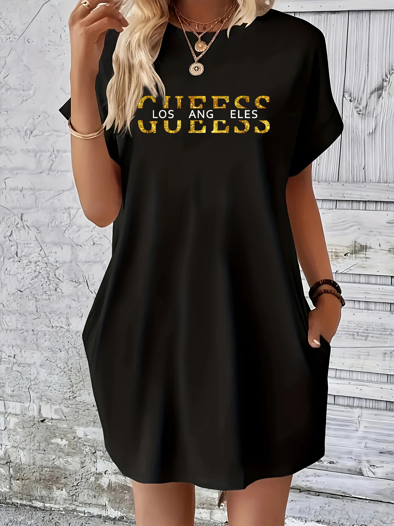 Ladies summer loose GUEESS Los Angeles letter pattern print round neck short sleeved pocket comfortable casual plus size dress 250717