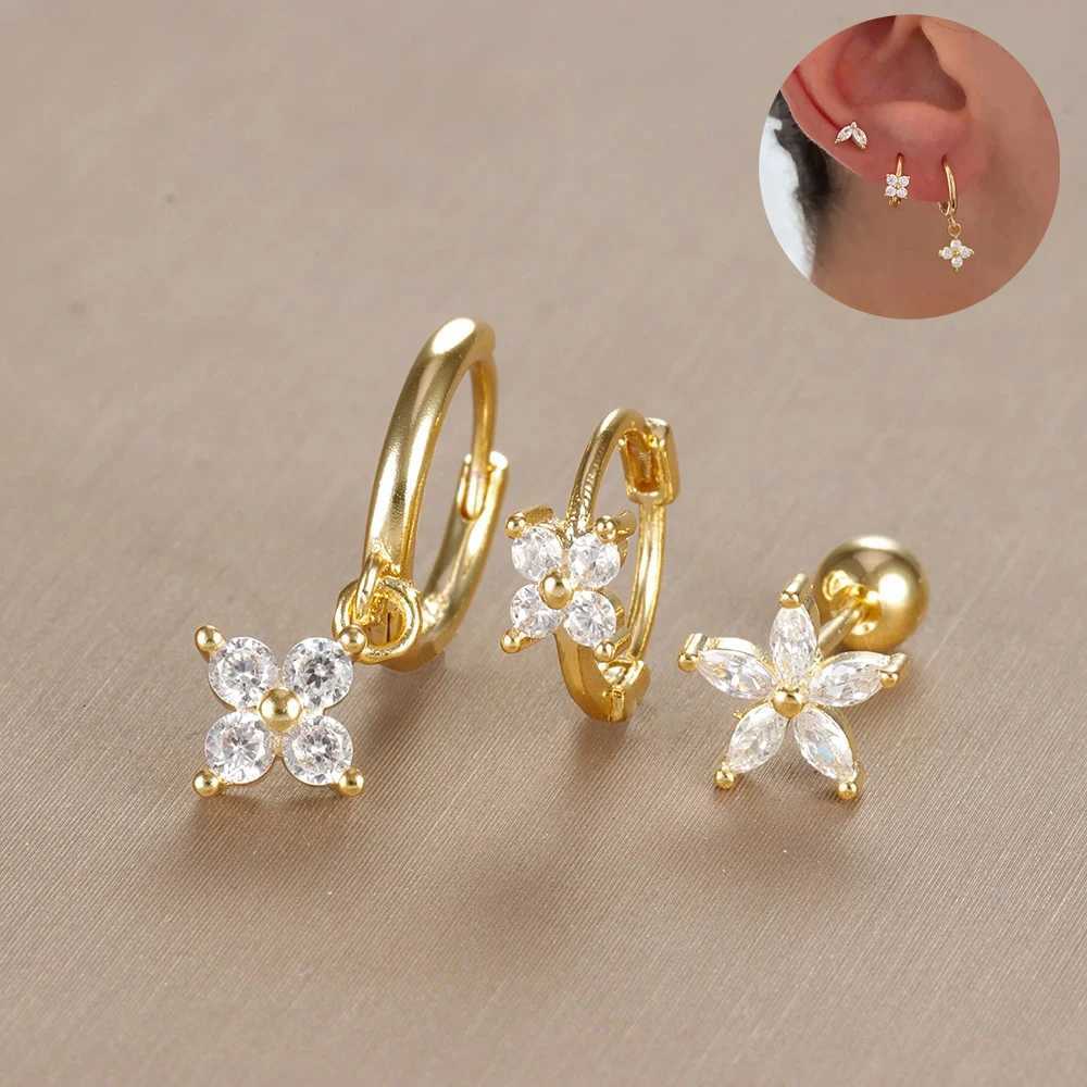 3PC Stainless Steel Zircon Flower Pendant Hoop Earrings Set for Women Tiny Huggies Cartilage Earring Set Piercing Jewelry Gifts XJ250718