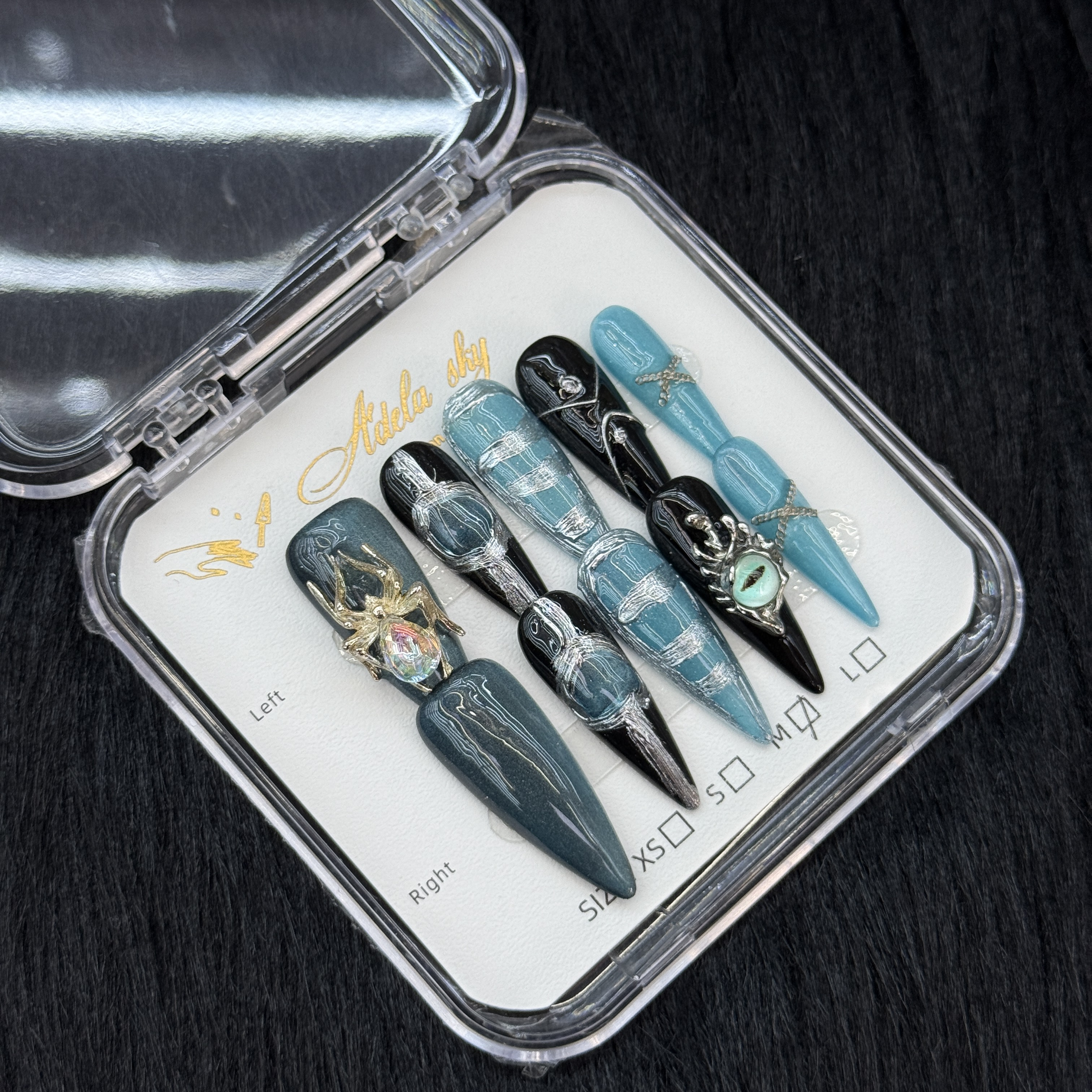 10Pcs Gothic Spider Eye Press-On Nails - Blue & Black Punk Manicure Set