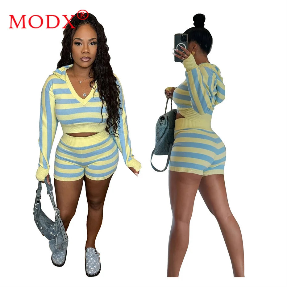 5sets Bulk Items Wholesale Lots Two Piece Set Womens Outfits Summer Knitted Striped Long Sleeve Hooded Tops Shorts M15179 250714