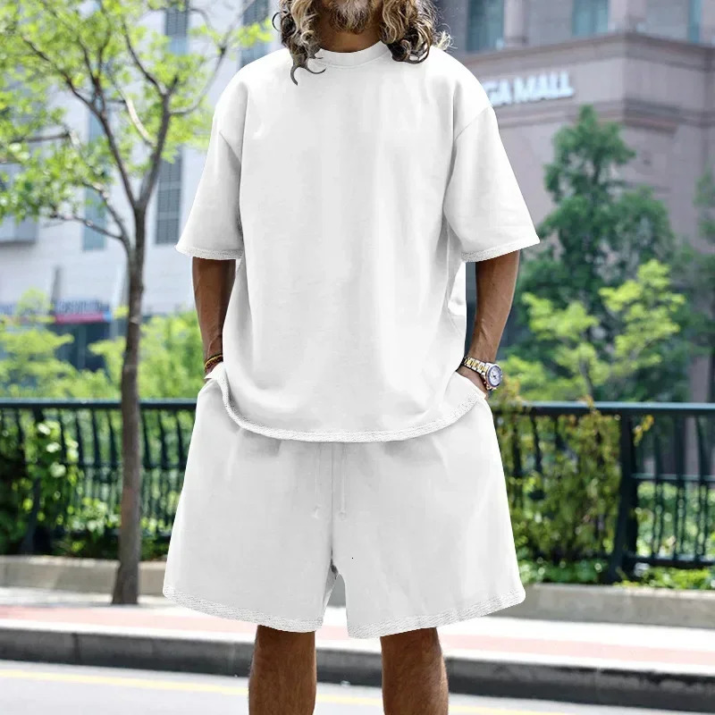 Fashion Plus-size Casual Mens Top Suit Loose Short Sleeve T-shirt Springsummer Shorts Solid Color Mens Suit Men Clothing 250715