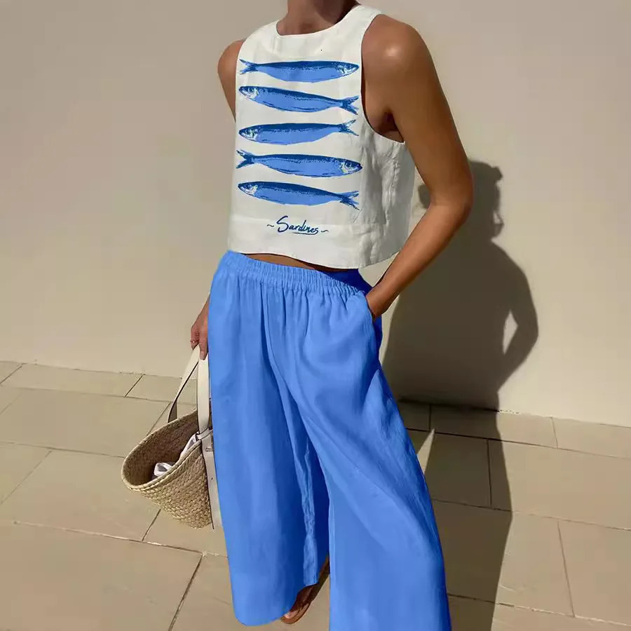 2025 Summer Womens Fashion Trousers Suit Casual Printed Sleeveless Vest Wide-leg Trousers Womens Outing Versatile Style Suit 250715