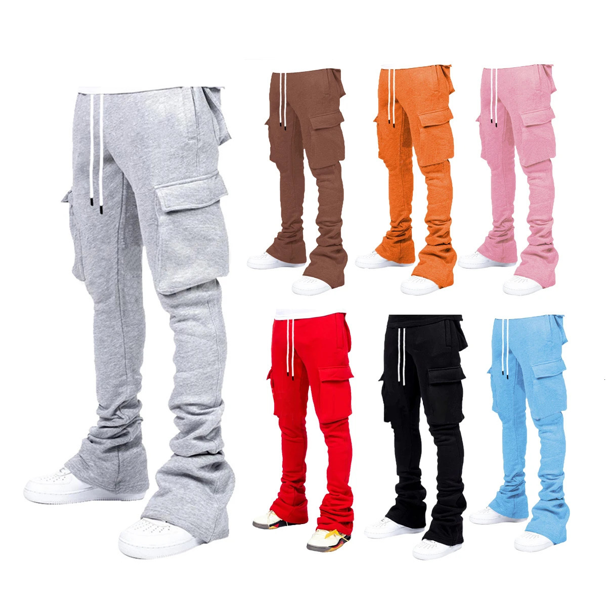 Plus Size Cargo Stacked Pants for Men Fleece Flare Sweat Pants Street Wear Men Pile Up Hiphop Pants 250717