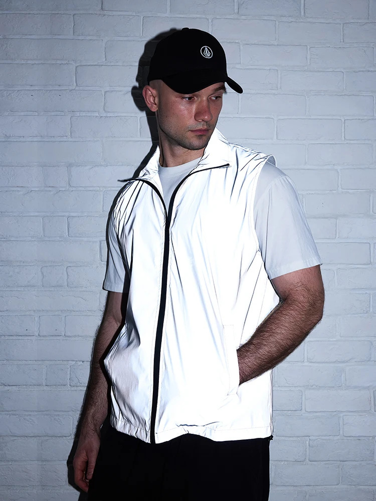 Spring Summer Thin Mens Reflective Vest Night Running Outdoor Stand Collar Sleeveless Jacket Streetwear Dancing Hiphop Clothes 250707