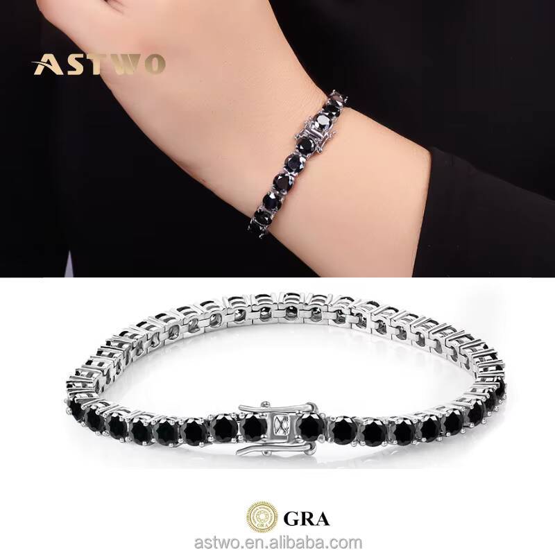 VVS 2mm-6.5mm 925 Sterling Silver Bracelet Mens Womens Bracelet Black Moissanite Tennis Bracelet Men